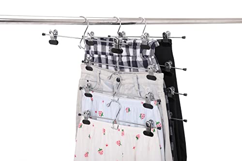6 Quality Pants Hangers Heavy Duty Add-on Skirt/Slack Metal Hanger, Extra Wide Adjustable Clips, Multi Stackable Add on Hangers, Chrome, Jeans, Bottoms, Set of 6