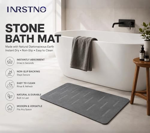 31.5"x19.7" Stone Bath Mat for Bathroom, Large Diatomite Bathmat | Super Absorbent, Modern Quick Drying Diatomite Bathmats, Non-Slip Base, Easy Clean for Shower Floor & Bathroom (Dark Gray)