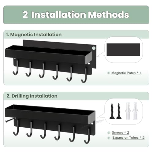 Magnetic Key Holder Wall Mount, Small Key Rack with Tray, Black | 2 Mount Options, Metal Material, 9.6 Inch, 6 Thin Hooks, Compact Design, Suits for Kitchen, Foyer, Entryway, Garage, Rv