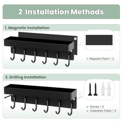 Magnetic Key Holder Wall Mount, Small Key Rack with Tray, Black | 2 Mount Options, Metal Material, 9.6 Inch, 6 Thin Hooks, Compact Design, Suits for Kitchen, Foyer, Entryway, Garage, Rv