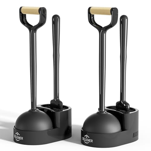 Toilet Brush and Plunger Set, Curved Head Deep Clean, Black 2 Pack | Brush and Plunger set, Curved Nylon Bristles for Deep Clean, Strong Suction Plunger, Ventilated Holder for Quickly Air Dry