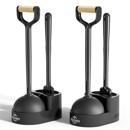 Toilet Brush and Plunger Set, Curved Head Deep Clean, Black 2 Pack | Brush and Plunger set, Curved Nylon Bristles for Deep Clean, Strong Suction Plunger, Ventilated Holder for Quickly Air Dry