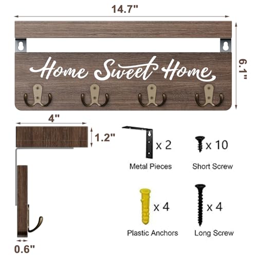 buways Key Holder Wall Mount with 8 Hooks and Cozy Home Sign (Brown) | Solid Wood, Floating Shelf for Keys, Mail, and Daily Essentials in Entryways, Hallways or Home Decor