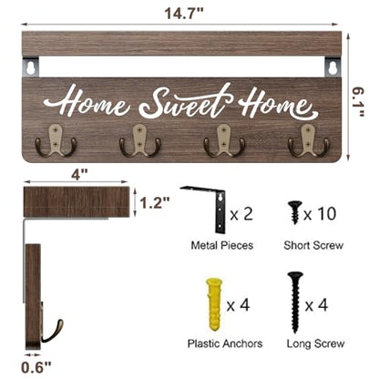 buways Key Holder Wall Mount with 8 Hooks and Cozy Home Sign (Brown) | Solid Wood, Floating Shelf for Keys, Mail, and Daily Essentials in Entryways, Hallways or Home Decor