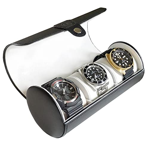 3-Watch Travel Case Roll Organizer - Black (Black | Faux Leather)