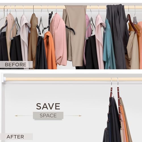 Pants Hangers Space Saving - 2 Pack European Beechwood Scarf and Jean Hangers - Closet Organizer and Space Saver Pant Rack, Leggings Hanger, and Scarf Holder with 360° Swivel Hook