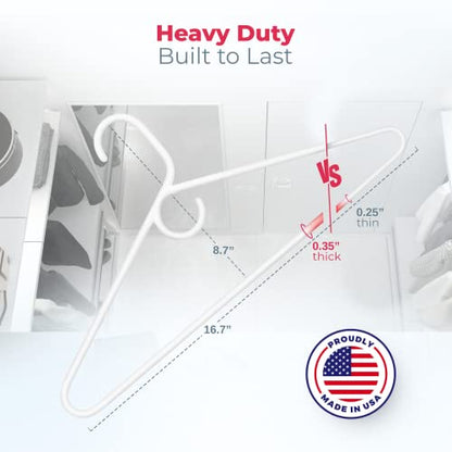 Heavy Duty Clothes Hangers 20 Pack (24 Count) – Made in the USA – 8lb Capacity Plastic Hangers for Adult Clothing – Durable for Pants, Coats, Jackets, or Jeans – White