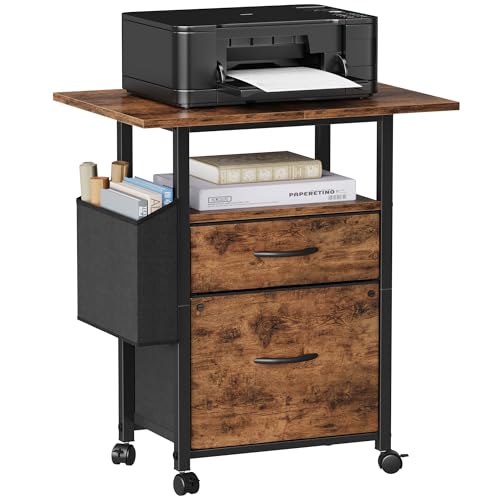GYIIYUO 2 Drawer File Cabinet 24''W, Mobile Filing Cabinet, Printer Stand | 24'' Extended Desktop, Rolling, Side Bag, Fits A4/Letter Size, Home Office, Fabric Drawer, Light Brown