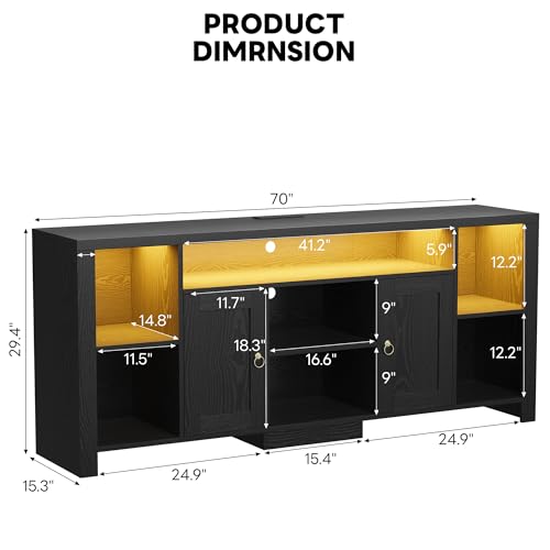 LIKIMIO 70" TV Stand for TVs up to 80", LED Entertainment Center, Black | Built-in Power Outlet, LED Lights, Wood Finish, 2 Storage Cabinets, Adjustable Shelves, TV Console for Living Room