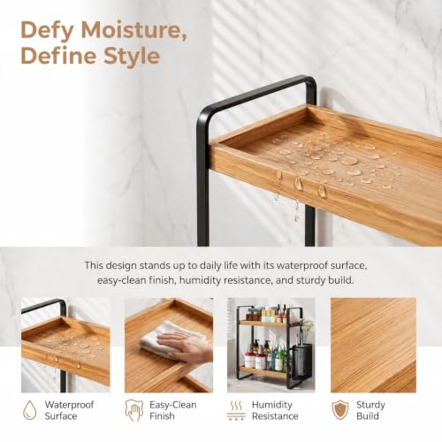 2-Tier Wood Bathroom Counter Organizer with Basket,Waterproof Vanity Perfume Skincare Storage for Bathroom, Kitchen, Dresser