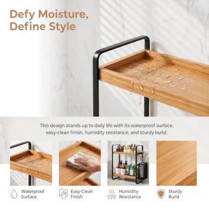 2-Tier Wood Bathroom Counter Organizer with Basket,Waterproof Vanity Perfume Skincare Storage for Bathroom, Kitchen, Dresser