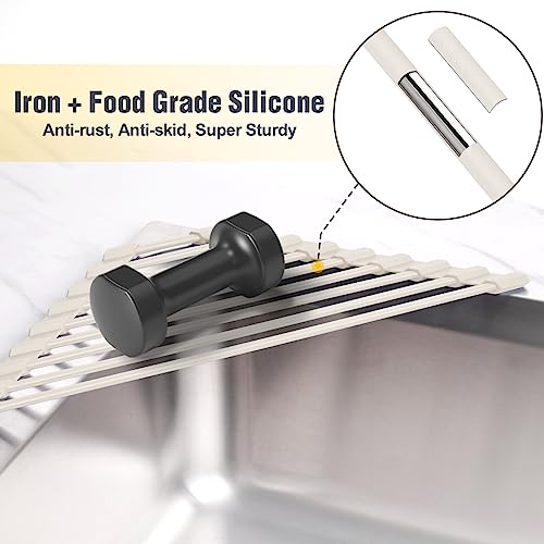 Tomorotec Triangle Roll Up Dish Drying Rack with Silicone Coating, White | 304 Stainless Steel with BPA-Free Silicone, Triangle Design Maximizes Sink Corner Space, Fits Compact Kitchens And RVs