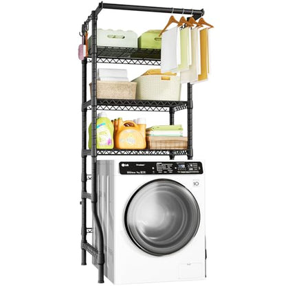 U11 Mini Over Washer and Dryer Shelves, 3 Tiers Laundry Room Storage and Organizer Standing Shelf, Metal Freestanding Clothes Drying Rack, 28.3”W x 19.7”D x 77.6”H, Black