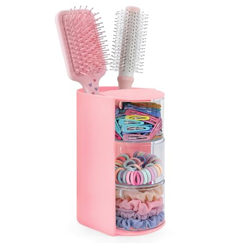 neotidy Hair Accessories Organizer with Hair Brush Holder, Rotating Hair Tie Product Organizer for Girls, 3-Tier Makeup Brush Holder for Clips, Bows & Brushes (Pink, 3-Tier)