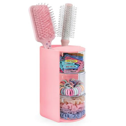 neotidy Hair Accessories Organizer with Hair Brush Holder, Rotating Hair Tie Product Organizer for Girls, 3-Tier Makeup Brush Holder for Clips, Bows & Brushes (Pink, 3-Tier)