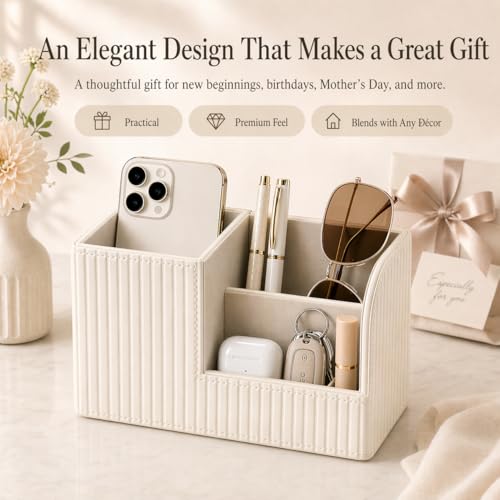 Desk Pen Organizer Office Supplies Caddy Pu Leather Multi-function Storage Box Pen/Pencil,Cell phone, Business Name Cards Remote Control Holder (Ivory White)