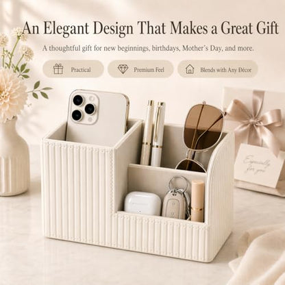 Desk Pen Organizer Office Supplies Caddy Pu Leather Multi-function Storage Box Pen/Pencil,Cell phone, Business Name Cards Remote Control Holder (Ivory White)
