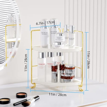 2-Tier Corner Bathroom Counter Organizer, Tool-Less Installation Vanity Shelf Small Plastics Countertop Makeup Tray Skincare Perfume Organizers (Gold)