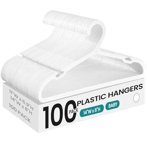 SONGMICS Kids Hangers 100 Pack, Plastic Baby Hangers for Closet, 14 x 7 Inches, for Children Aged 7-12 Years, Space-Saving, Non-Slip, Cloud White UCRP190W01