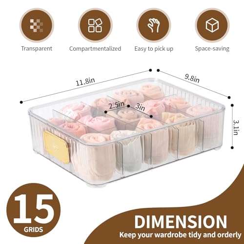 Sock Organizer for Drawer, 15 Compartments Detachable Plastic Underwear Drawer Organizer with Lid for Closet, Compartment Storage Ideal for Socks, Bras, Ties, and Scarves (Sock)