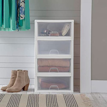 Sterilite 6-Pack 16 Quart Stacking Drawer, Clear Storage Closet Organizer, White Frame - Stackable Modular Plastic Drawers for Clothes, Accessories, Craft Supplies, Shoes or Linens