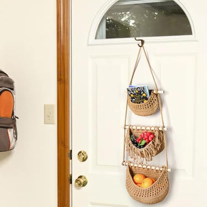 Lawei 3 Tier Hanging Fruit Basket, Wall Hanging Vegetable Fruit Baskets Cotton Woven Storage Baskets for Organizing, BOHO Wall Basket Decor, Over the Door Organizer for Kitchen, Bedroom, Bathroom