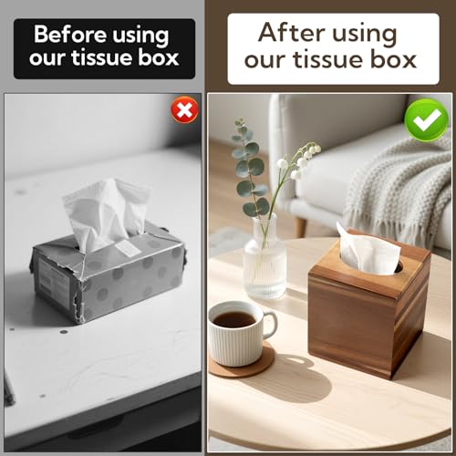 2 Pack Wooden Tissue Box Cover Square - Acacia Wood Tissue Box Holder for Tabletop Stands Bathroom Office- Decorative Facial Wood Tissue Box Cover for Modern Farmhouse Decor-Standard Walnut Color