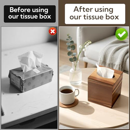 2 Pack Wooden Tissue Box Cover Square - Acacia Wood Tissue Box Holder for Tabletop Stands Bathroom Office- Decorative Facial Wood Tissue Box Cover for Modern Farmhouse Decor-Standard Walnut Color