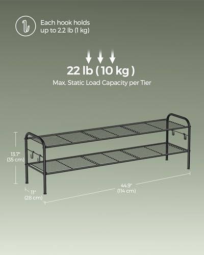 SONGMICS Shoe Rack, 2-Tier Shoe Organizer, Metal Shoe Shelf Storage with 4 Side Hooks, Holds 18 Pairs of Shoes, Height-Adjustable Shoe Rack for Entryway, Hallway, Closet, Ink Black ULMR121B01