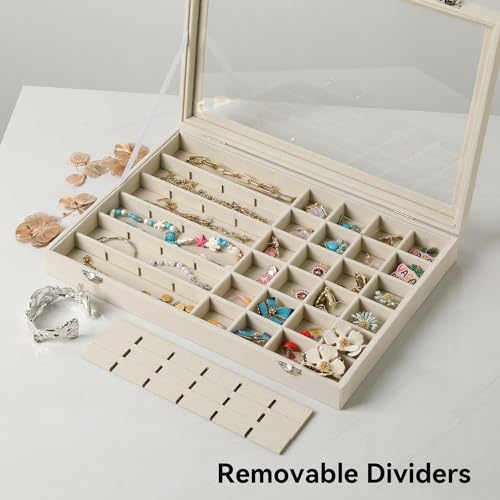 48 Grid Earring Organizer,Velvet Jewelry Tray with Clear Lid | Drawer Jewelry Organizer for Rings Studs Beads,Adjustable Dividers,Dustproof,Earring Storage,Trinket Box,13.8×9.5Inches