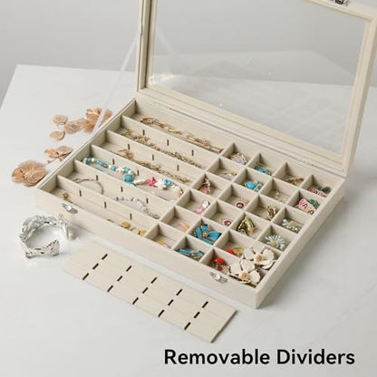 48 Grid Earring Organizer,Velvet Jewelry Tray with Clear Lid | Drawer Jewelry Organizer for Rings Studs Beads,Adjustable Dividers,Dustproof,Earring Storage,Trinket Box,13.8×9.5Inches