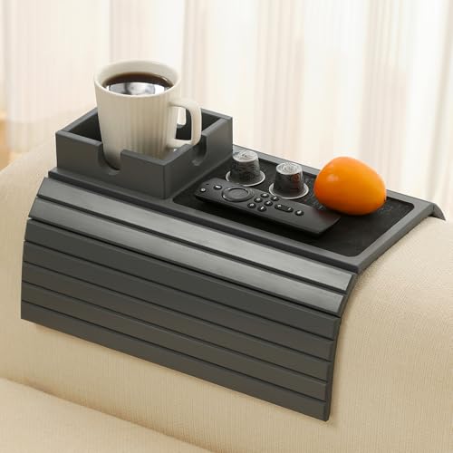 Bamboo Couch Cup Holder Arm Tray Table with Anti-Slip Cork Pad，Couch Drink Holder，Sofa Cup Holder Armrest Tray，Foldable Arm Chair Table Recliners for Drink, Cups, Eats，Snacks, Phone, Remote (Gray)