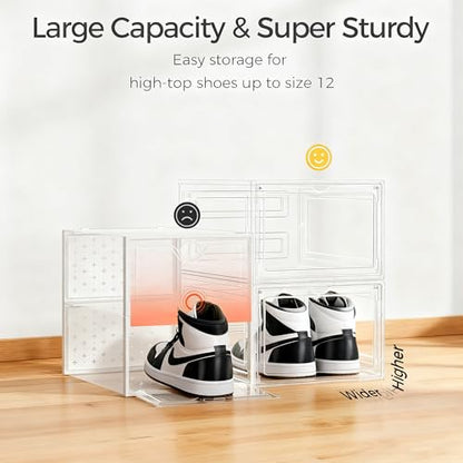 Upgraded Hard Shoe Storage Box 12 Pack XL Clear Shoe Organizer | Stackable, Thicken Sturdy, Fit Size 12, 7.4” Height, Closet, Sneaker Storage Display Case Holder Bins, Magnetic Door Clear