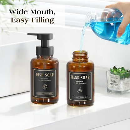 Luxspire Glass Foaming Soap Dispenser 15oz Hand Soap Bottle, Amber, 2 Pack | Anti-drip pump, wide mouth easy refill, non-slip silicone base, 5 waterproof labels, refillable glass for hand dish soap