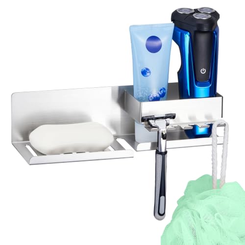 Bar Soap Holder for Shower Wall, Adhesive Soap Dish, Silver | Self-draining Soap Tray for Bathroom, Stainless Steel Soap Stand, with Baffle & 5 Hooks for Loofah, Razor, Toothbrush