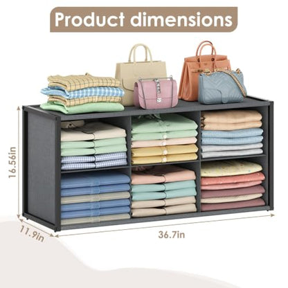 Stackable Closet Organizer Shelf,6 Cube Bins Storage Basket for Clothes, Handbags Sweaters Jeans Pants Shirt, Space Saving Closet Organizer for Bedroom Wardobe, Closet System-Grey