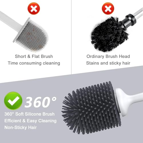 2 Pack Silicone Toilet Bowl Brush and Holder Set with Ventilated Holder, Floor Standing & Wall Mounted Toilet Scrubber
