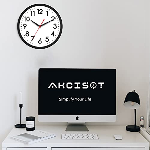 AKCISOT 10 Inch Wall Clock, Silent Battery Operated Analog Clock, Black | Classroom | Kitchen | Office | Easy to Read Numbers | Garage