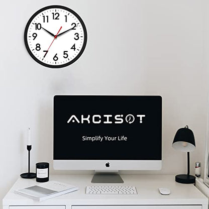 AKCISOT 10 Inch Wall Clock, Silent Battery Operated Analog Clock, Black | Classroom | Kitchen | Office | Easy to Read Numbers | Garage