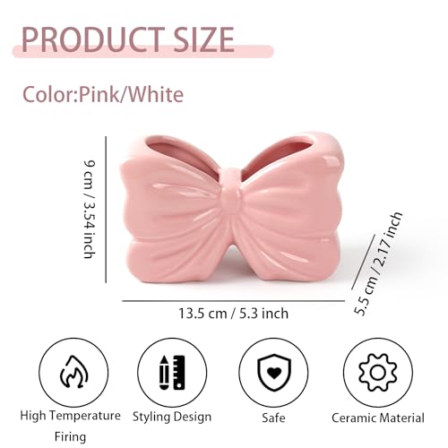 Bow Toothbrush Holder, Pink Ceramic Multi-Purpose 2-Section Organizer for Bathroom, Kitchen, Bedroom, Office Decor