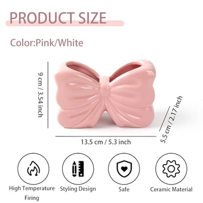 Bow Toothbrush Holder, Pink Ceramic Multi-Purpose 2-Section Organizer for Bathroom, Kitchen, Bedroom, Office Decor