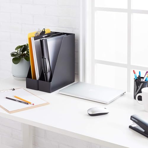 Amazon Basics Plastic Desk Organizer Magazine Rack and File Holder, Black, 2-Pack