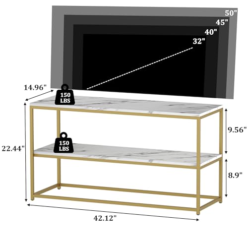 Function Home TV Stand for TVs up to 50 Inch, 2 Tier Entertainment Center, Modern TV Cabinet with Marble Top and Gold Metal Base, 42" Media Console Table with Storage for Living Room Bedroom