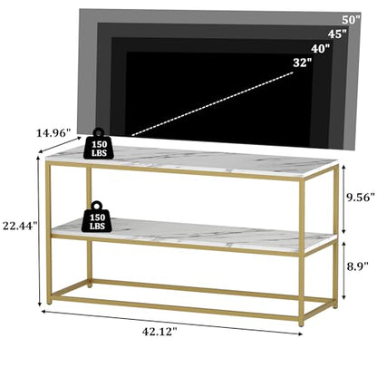 Function Home TV Stand for TVs up to 50 Inch, 2 Tier Entertainment Center, Modern TV Cabinet with Marble Top and Gold Metal Base, 42" Media Console Table with Storage for Living Room Bedroom