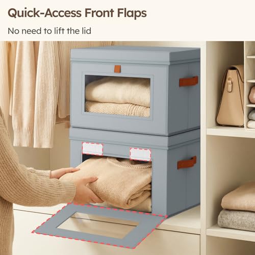 Storage Bins with Lids - Front Opening Storage Box with Clear Window & Handles, Stackable Foldable Fabric Bins for Closet Organization, Clothes, Sweaters, Towels, Blankets, 3 Pack, Grey