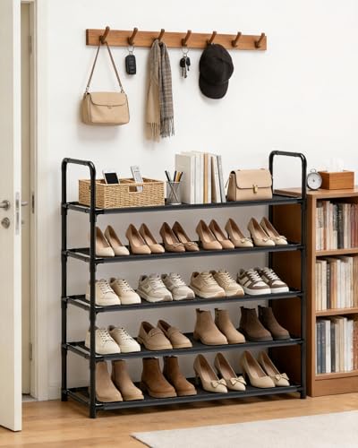 Large Capacity Shoe Rack, 5-Tier Shoe Organizer for Closet, Entryway, Hallway, Holds 20-25 Pairs, Sturdy & Durable Waterproof Fabric Shelf, Space-Saving,Black(35.8" Wide)