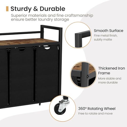 Laundry Sorter, Laundry Hamper 3 Section, 3×11.4Gal, Metal Frame Rolling Laundry Basket with Wooden Top Shelf, Pull out and Removable Laundry Bags, 3 Bags-Black