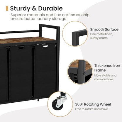 Laundry Sorter, Laundry Hamper 3 Section, 3×11.4Gal, Metal Frame Rolling Laundry Basket with Wooden Top Shelf, Pull out and Removable Laundry Bags, 3 Bags-Black