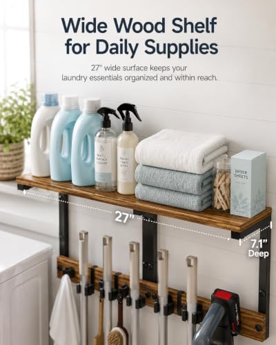 Broom and Mop Holder Wall Mount, 27" Large Organizer with Wood Shelf | Vacuum Holder, 5 Heavy-Duty Grippers, 5 Movable Metal Hooks for Laundry Room, Garage and Utility Closet Organization
