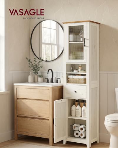 VASAGLE LIRY Collection -Tall Bathroom Cabinet, Farmhouse Freestanding Storage Cupboard with Drawer and Doors, Narrow Space Saver, 15.7 x 12.4 x 67.3 inch, Rustic White and Honey Brown, UBBK760W101S